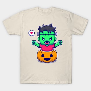 Cute Frankenstein With Pumpkin Halloween Cartoon T-Shirt